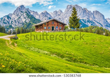 Panoramic view of idyllic mountain scenery in the Alps with traditional mountain chalet and fresh green mountain pastures with blooming flowers on a sunny day with blue sky and clouds in summer Royalty-Free Stock Photo #530383768