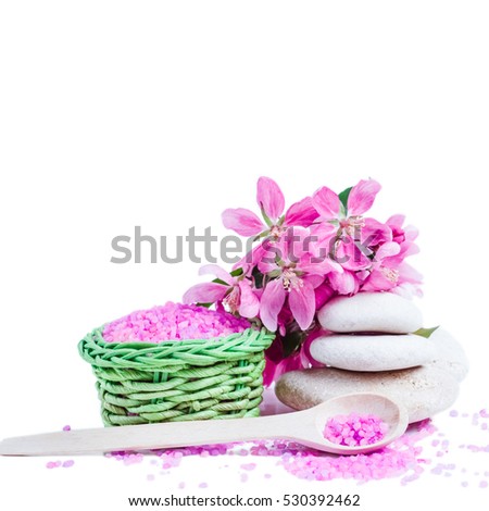 Spa salt and stones, flower branch for beauty and health. Healthy relaxation, therapy and treatment. Aromatherapy, body care, aroma massage. Alternative lifestyle. Relax in bath.