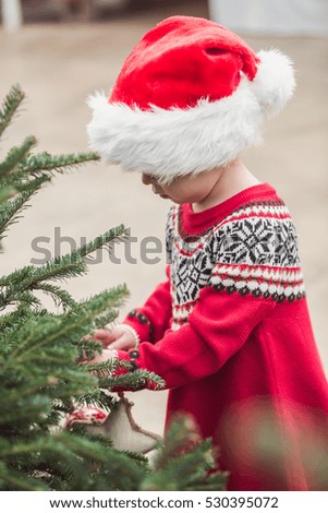Little girl in red dress on the Christmas tree farm.