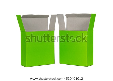 Two green Box with lid open or green paper package box isolated on White background