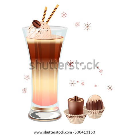 Glass of ice coffee and icecream isolated on white background. Two chocolate candies. Vector illustration, gradient mesh. For restaurant and cafe menu.