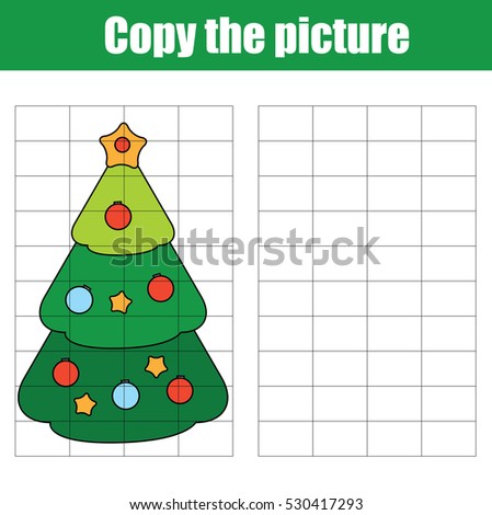 Copy the picture using a grid children educational drawing game. Printable drawing kids activity, worksheet. copy the Christmas tree. New year holidays theme