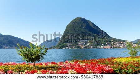 Lugano, Switzerland: Images of the Gulf of Lugano and Ciani park, botanical park of the city. Royalty-Free Stock Photo #530417869