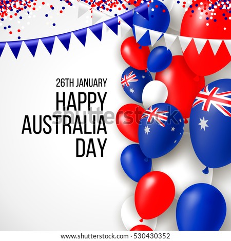 Happy Australia day 26 january festive background with flag, balloon, confetti, ribbon with national colors. Blue, red, white. Template design layout for card, banner, poster, flyer, card. Union jack