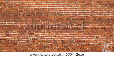 Red Brown Vintage Brick Wall With Shabby Structure. Horizontal Wide Brickwall Background. Grungy Red Brick Blank Wall Texture. Retro House Facade. Abstract Web Banner. Distressed Stonewall Surface Royalty-Free Stock Photo #530442616