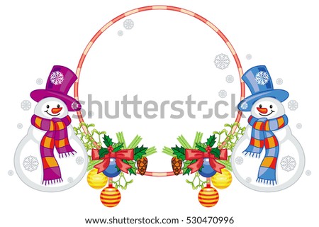 Round frame with Christmas decorations and snowman. Christmas design element. Raster clip art.