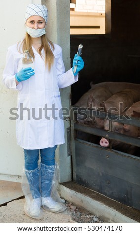 Cheerful female veterinarian in white coat and facial mask with syringe and vial in pigsty