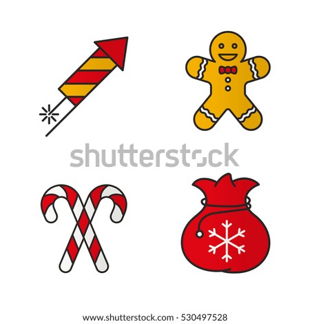 Christmas and New Year color icons set. Rocket firework, ginger man, candy canes, Santa Claus gift bag. Isolated raster illustrations