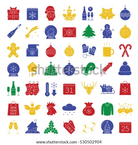 Christmas icons set. New Year color silhouette symbols. Xmas angel, mittens, baubles, candle, sleigh with gifts, deer, cap, firework, sweater, scarf, temperature. Raster isolated illustration