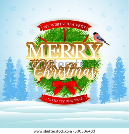 Merry Christmas Landscape card. Christmas branch. Isolated vector illustration.