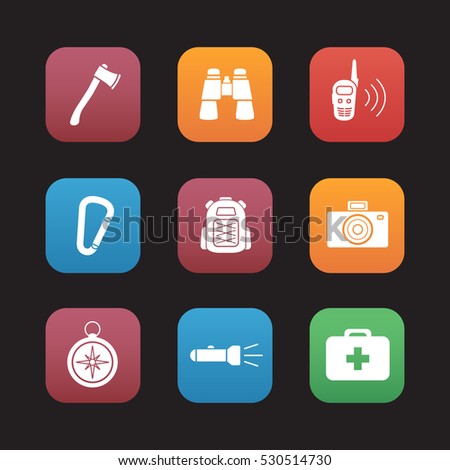 Camping equipment flat design icons set. Tourist gear. Axe, binoculars, walkie-talkie, backpack, photo camera, compass, flashlight, first aid kit. Web application interface. Vector illustrations