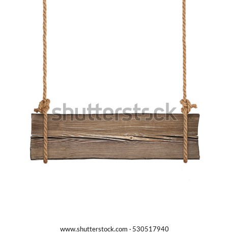 Wide wooden signboard hanging on single ropes isolated on white