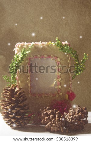 Peper picture frame Pine cones and tree chrismas with snow still life