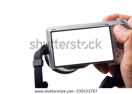 SLR camera in hand with isolated on white background