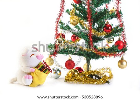 Christmas ball and pine tree with decoration isolated on white background