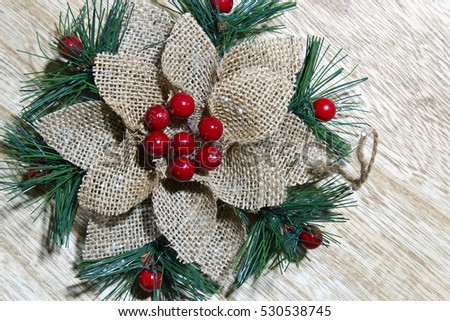 Christmas decorations on a wooden background, copy space.