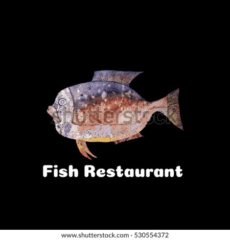 Watercolor hand drawn fish. Logo vector design for a restaurant.