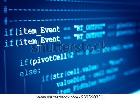 Developer working on software codes in office. Writing program code on computer. Web site codes on computer monitor. Programming code background. Code text written and created entirely by myself.