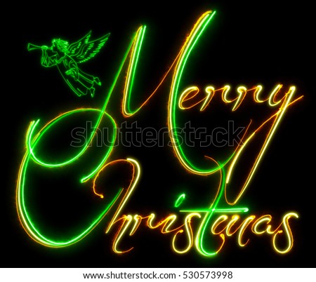 Merry Christmas Illuminated sign. Luminous lettering with Christmas angel.