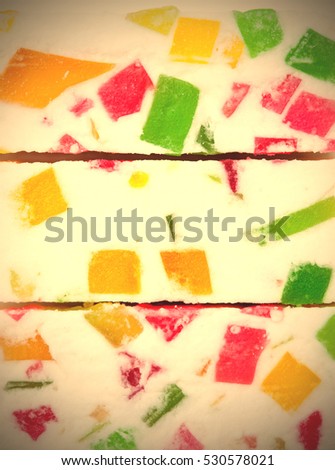 Paste with fruit pieces. delicacy. sweets. abstract background. instagram image filter retro style