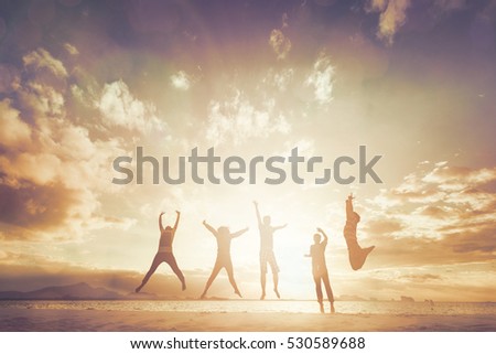 People insurance team feel enjoy meeting and retreat of friend support celebrate win freedom financial in morning landscape weekend concept for good family life travel day, happy sun wellness future  Royalty-Free Stock Photo #530589688