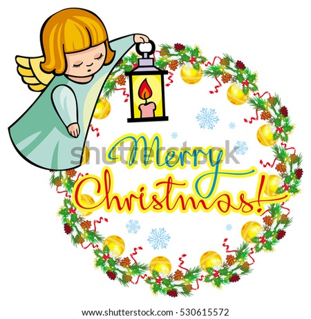 Holiday label with ornaments, angels and artistic written text "Merry Christmas!". Christmas frame with free space for text, photo or picture. Design element for New Year decorations. Vector clip art.