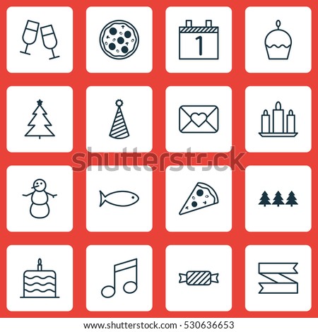 Set Of 16 Holiday Icons. Can Be Used For Web, Mobile, UI And Infographic Design. Includes Elements Such As Crotchets, Celebration Letter, Winter And More.