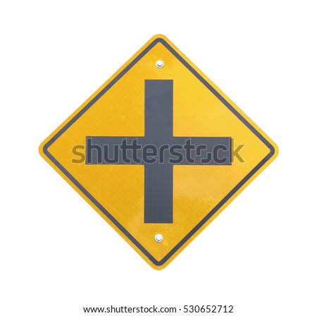 Crossroads Sign: A road sign warns of an intersection ahead. isolated on white