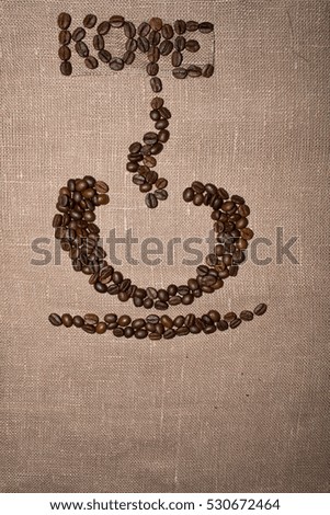 Roasted coffee beans, flax, coffee word in Russian, coffee, card, coffee cup,