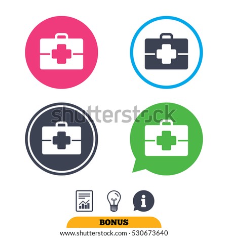 Medical case sign icon. Doctor symbol. Report document, information sign and light bulb icons. Vector