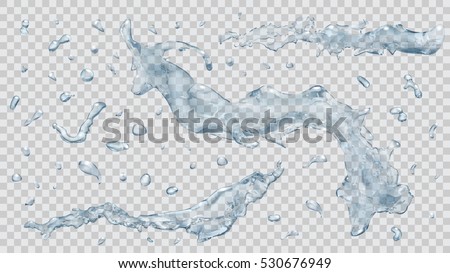 Set of translucent water splashes and drops in light blue colors, isolated on transparent background. Transparency only in vector file.