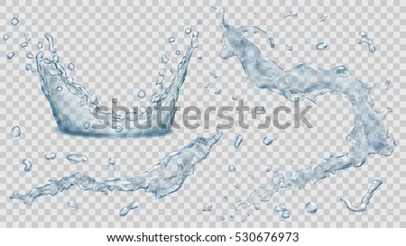 Set of translucent water splashes, drops and crown in light blue colors, isolated on transparent background. Transparency only in vector file. Royalty-Free Stock Photo #530676973