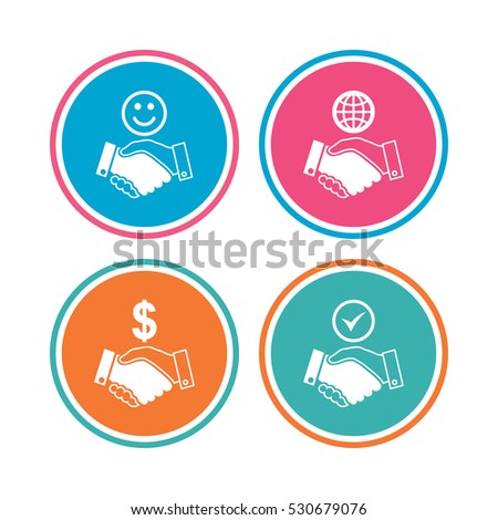 Handshake icons. World, Smile happy face and house building symbol. Dollar cash money. Amicable agreement. Colored circle buttons. Vector