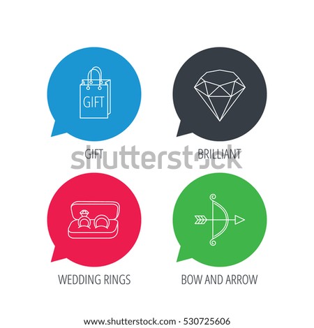 Colored speech bubbles. Brilliant, gift and wedding rings icons. Bow and arrow linear signs. Flat web buttons with linear icons. Vector