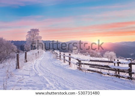 Beautiful winter landscape in the mountains. Sunrise Royalty-Free Stock Photo #530731480