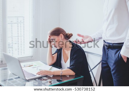 stress at work, emotional pressure, angry boss and tired unhappy woman employee Royalty-Free Stock Photo #530738152