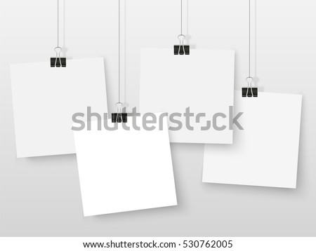 Posters on binder clips. White notepad paper templates. Realistic vector illustration. Empty mockup frames for your drawings, quotes or lettering.