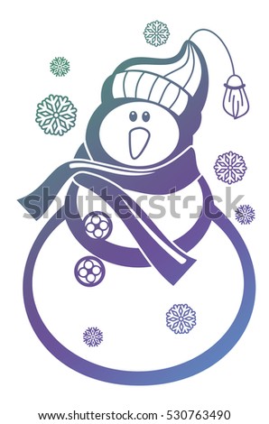 Color gradient filled contour  of a snowman and snowflakes a white background. Raster clip art.