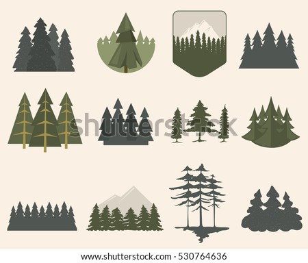 Forest tree logo badge vector green natural silhouette set. Forest treetop deep colors design