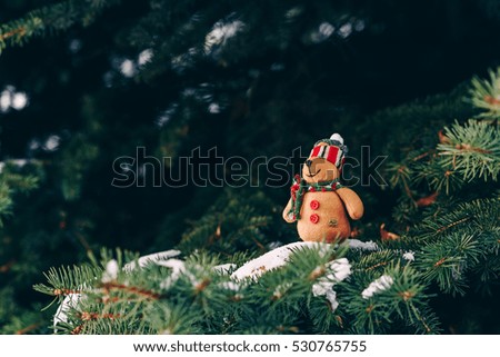 Closeup christmas decoration miniature toy bear on the branch