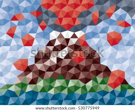 Smoking Volcano Plenty Fiery Eruption Illustration Composed of Relief Repeating Pentagon Shape and Based on Penrose Mosaic - Brown Green Grey and Red Elements on Blue Background - Flat Graphic Style