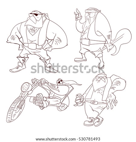 Line drawings vector illustration of a cartoon rocker, biker or gang member