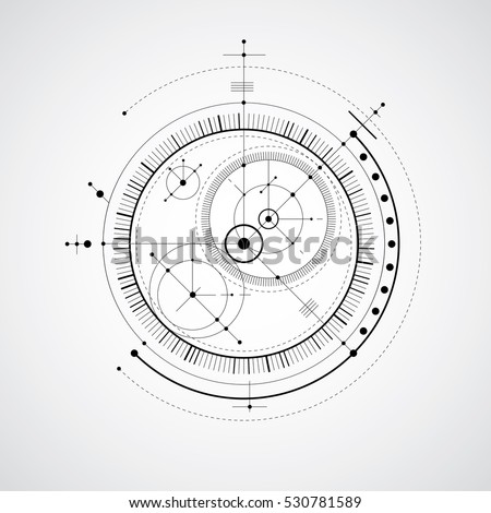 Mechanical scheme, black and white vector engineering drawing with circles and geometric parts of mechanism. Technical plan can be used in web design and as wallpaper. Royalty-Free Stock Photo #530781589