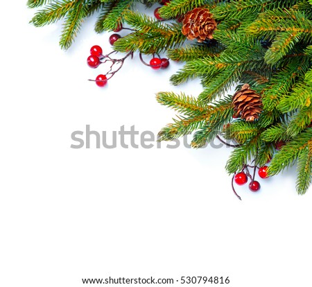 Christmas Tree with Cones border isolated on a White background. New Year holiday evergreen tree, Xmas green art corner design. Branches of fir tree decorated with holly berry and cones. Winter