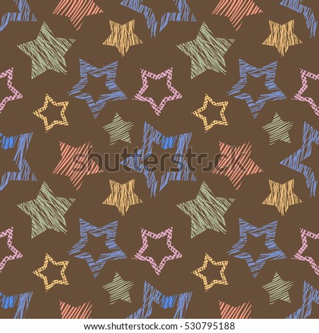 Seamless vector  geometrical pattern with stars. Brown endless background with  hand drawn textured geometric figures Graphic  illustration Template for wrapping, web backgrounds, wallpaper.