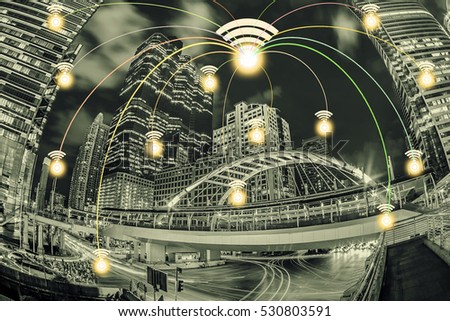 Connection city with wifi icon and night city scape. Network connection concept.