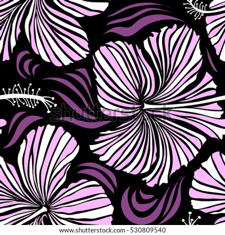 Seamless pattern of tropical hibiscus flowers in neutral and white colors with watercolor effect on black background.