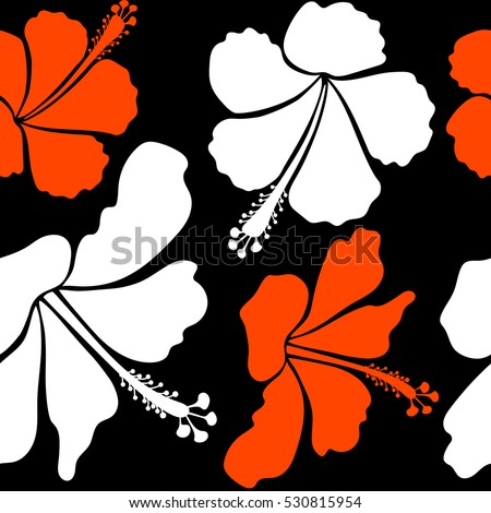 Hand painted illustration in orange and white colors on a black background. Tropical leaves and flowers seamless pattern.