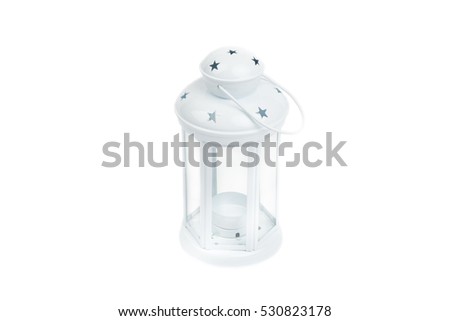 White lantern. Candlestick in the form of retro lamp. White candle holder/ lamp. An isolated object on white background. Top  view. Closeup.