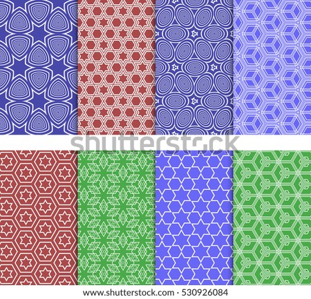set of 8 seamless geometric patterns. circle, star, cube. Vector illustration. For Wallpaper, Texture Fill, promotional materials, textile prints. red, green, blue color